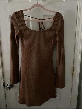 See You Monday Brown Ribbed Long-Sleeve Scoop Dress